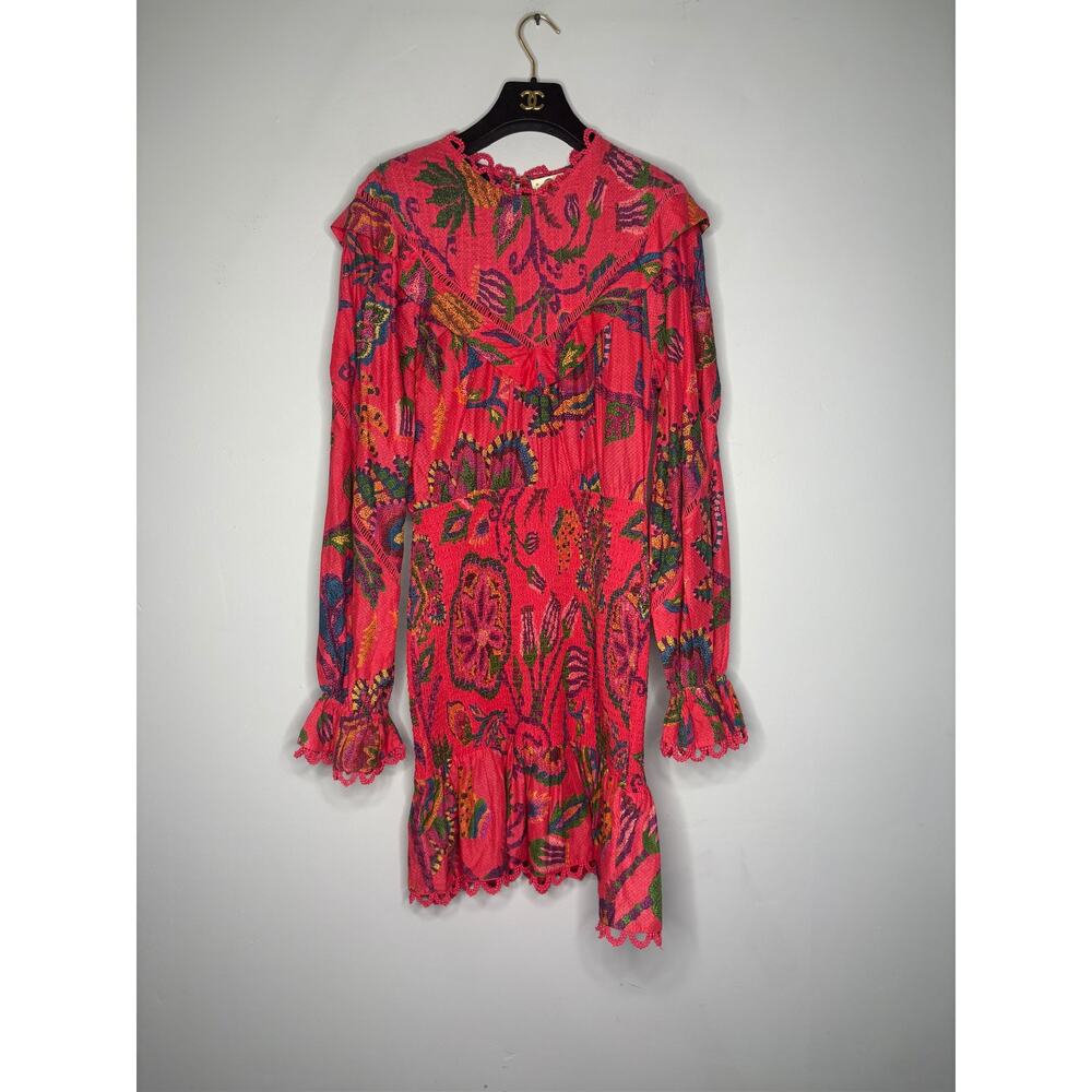 FARM Rio Mini Dress S Blush Sunset Tapestry Tropical Smocked Ruffle Summer Party - Picture 3 of 5